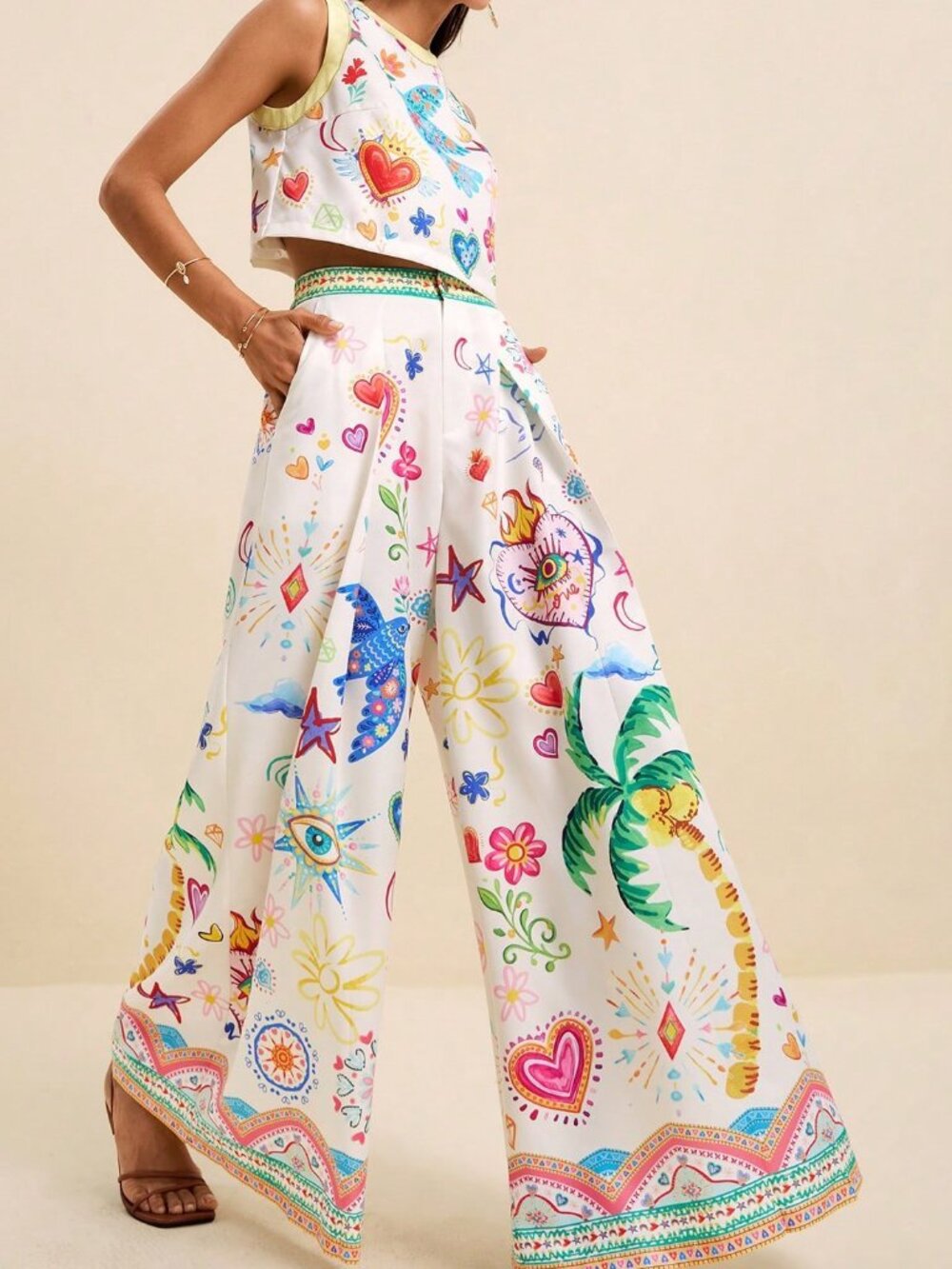 Multicolor Boho Women's Tropical Print Crop Top & Wide Leg Pants 2-Piece Set - Picture 3 of 9